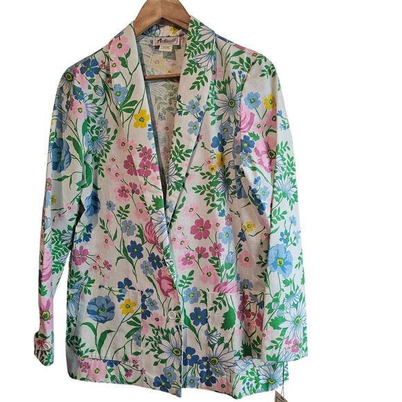 Vintage Jackets & Blazers - Vintage Floral Blazer Women Sz 14 White Pink Cottagecore Preppy Fairy 90s Easter